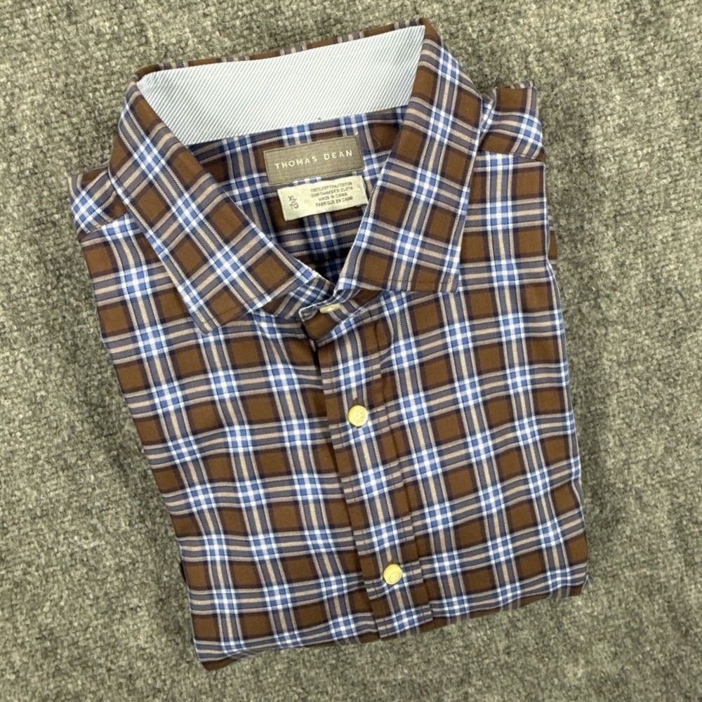 Thomas Dean Mens XL Brown Blue Plaid Cotton Long Sleeve Button Down Shirt